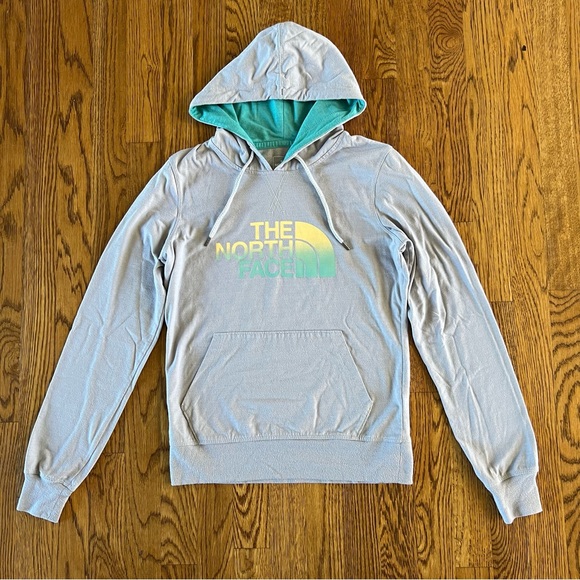 The North Face Small Classic Fit Gray Green Yellow Logo Hoodie Sweatshirt - Picture 1 of 4
